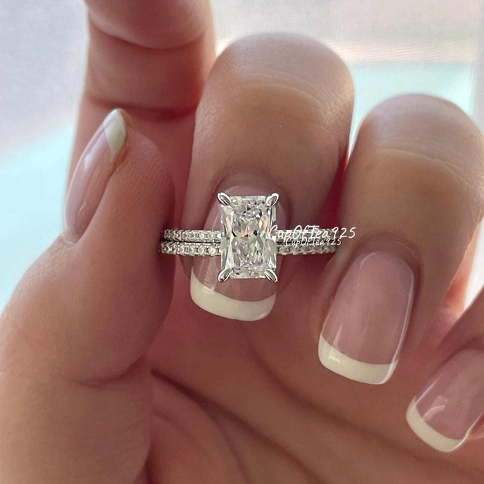 Yellow Gold Vermeil, Sterling Silver 925 Bridal Set with 2.2CT Radiant Cut engagement ring with hidden halo and full eternity band