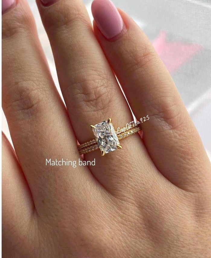 Yellow Gold Vermeil, Sterling Silver 925 Bridal Set with 2.2CT Radiant Cut engagement ring with hidden halo and full eternity band