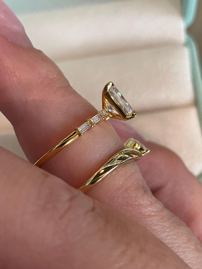 Yellow gold vermeil, Sterling silver 925 bridal set with 2CT radiant cut simulated Diamond engagement ring and curved wedding band.