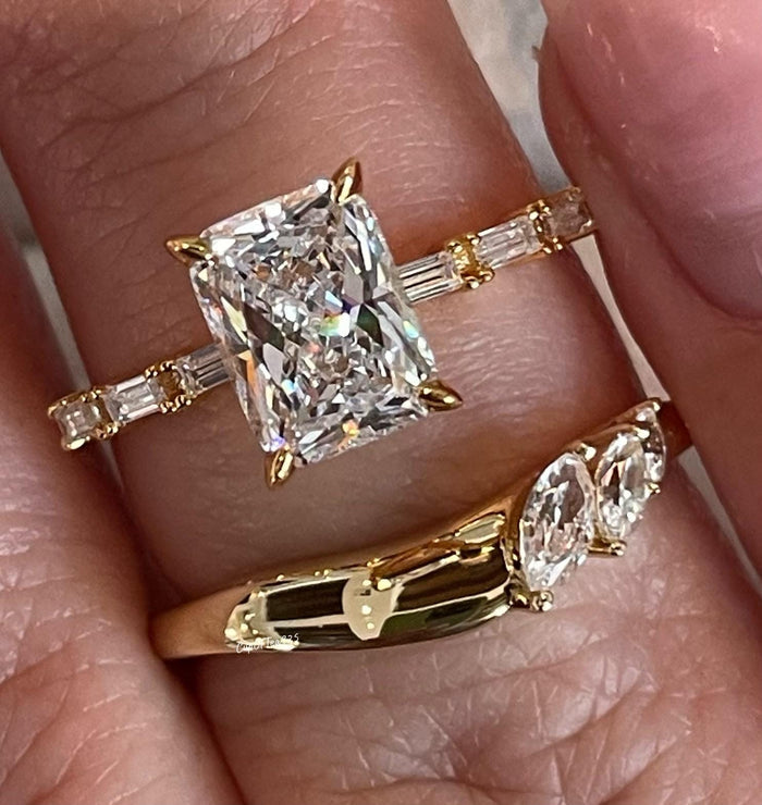 Yellow gold vermeil, Sterling silver 925 bridal set with 2CT radiant cut simulated Diamond engagement ring and curved wedding band.