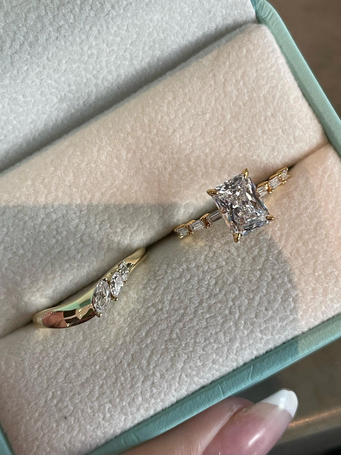 Yellow gold vermeil, Sterling silver 925 bridal set with 2CT radiant cut simulated Diamond engagement ring and curved wedding band.