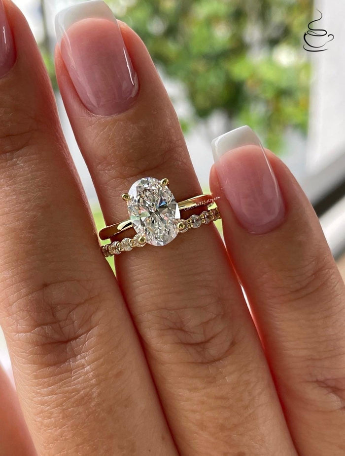 Yellow Gold Vermeil, Sterling Silver 925 bridal set with 3.5CT or 2.5CT oval cut Solitare engagement ring and half eternity band
