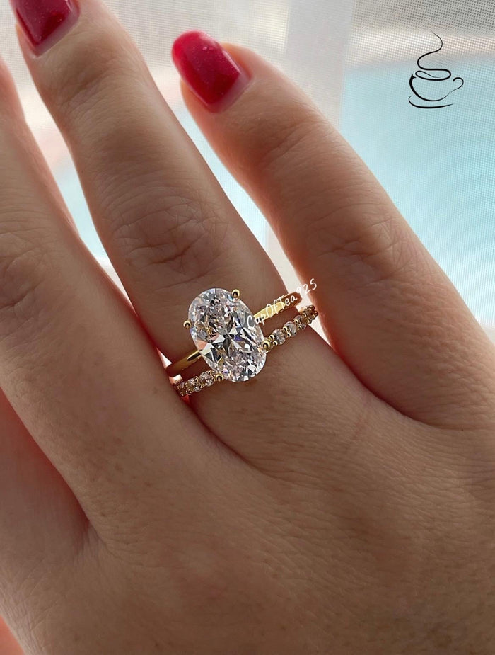 Yellow Gold Vermeil, Sterling Silver 925 bridal set with 3.5CT or 2.5CT oval cut Solitare engagement ring and half eternity band