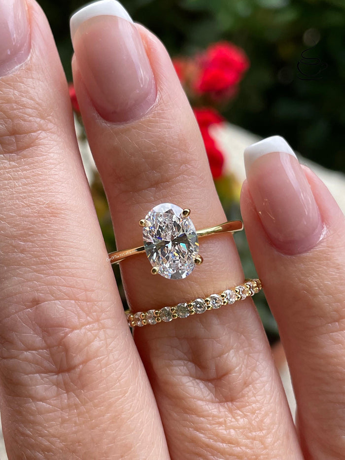 Yellow Gold Vermeil, Sterling Silver 925 bridal set with 3.5CT or 2.5CT oval cut Solitare engagement ring and half eternity band