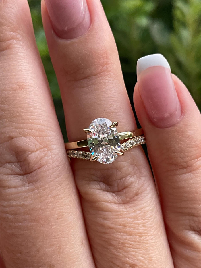 Yellow gold vermeil, Sterling silver 925 engagement ring set with 2.5CT oval cut simulated diamond and curved wedding band