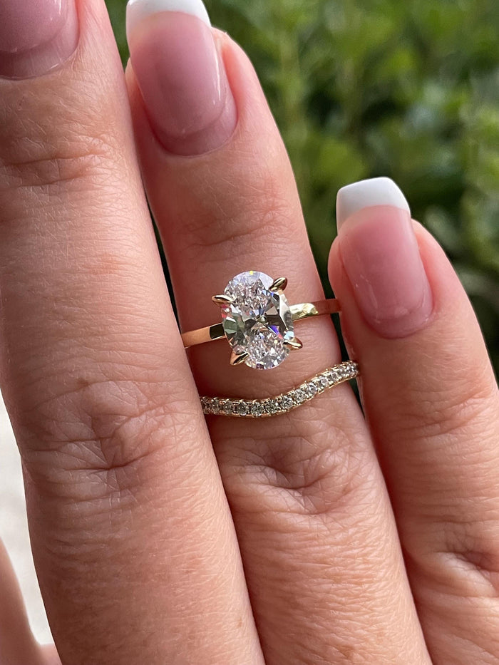 Yellow gold vermeil, Sterling silver 925 engagement ring set with 2.5CT oval cut simulated diamond and curved wedding band