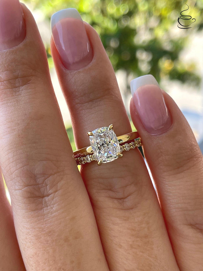Yellow Gold, White gold over Sterling Silver 925 Bridal Set with 2.5 Elongated CZ Cushion Cut engagement ring and half eternity band.